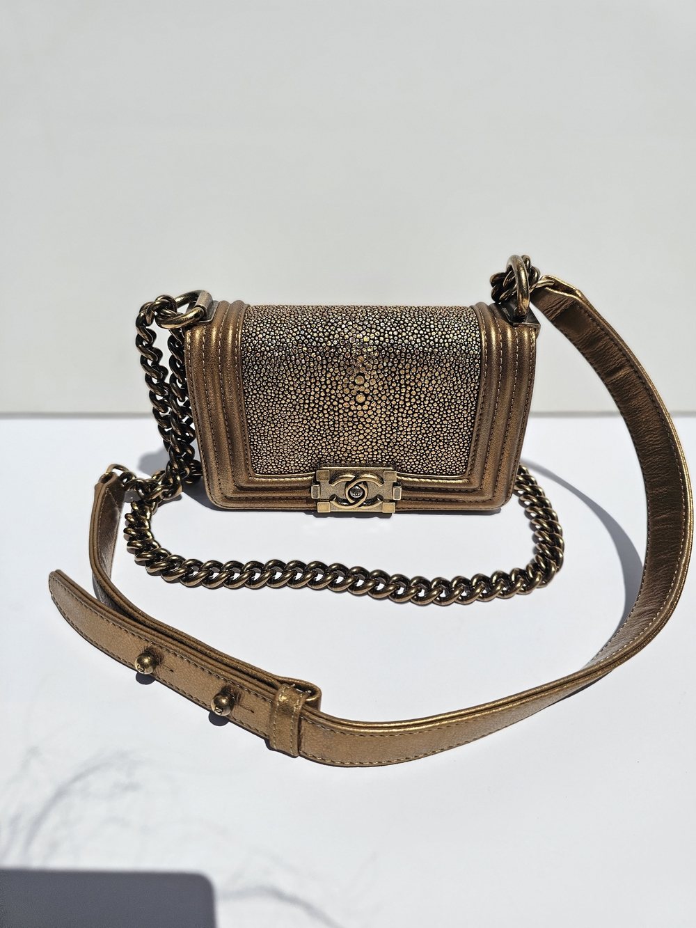 Auth chanel gold leather stingray small boy flap bag